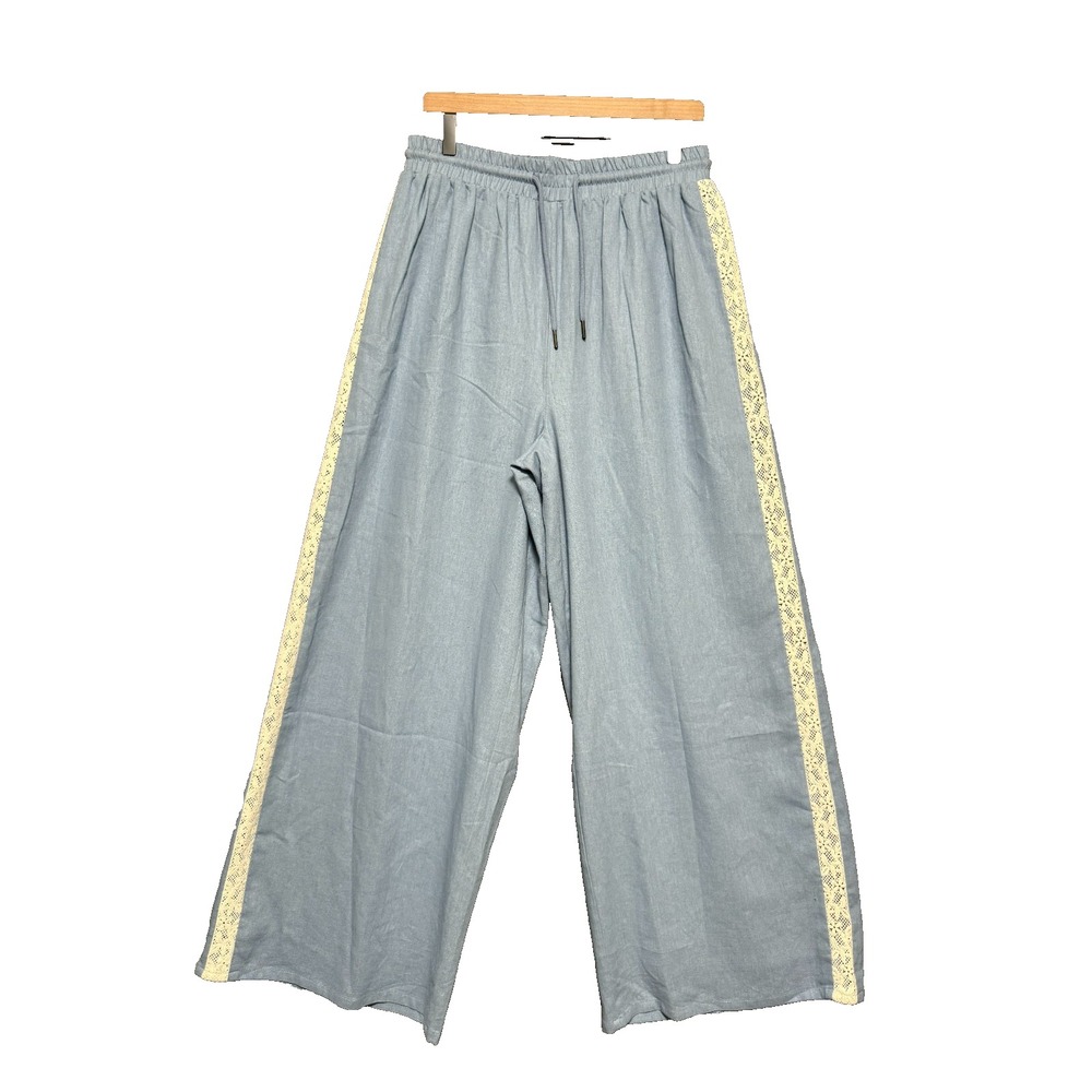 Caroline Constas Wide Leg Pants Womens L Blue Lace Trim Boho Coastal Resortwear